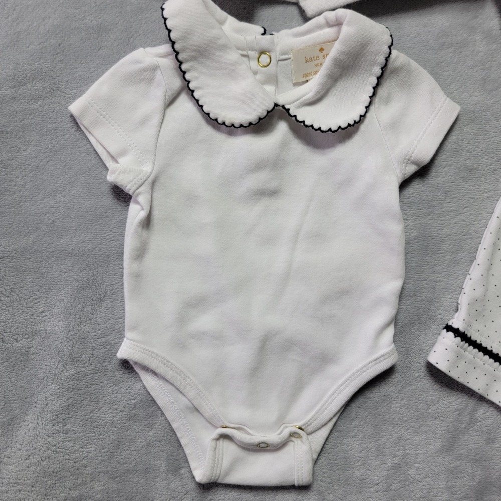 Kate Spade New York Baby Girls 3 Piece Set White Polka Dot 3M Cardigan Romper - Picture 4 of 8
